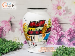 Lọ hoa sơn mài 3D dáng chân thon vẽ phố cổ 32cm