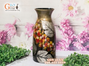 Lọ hoa sơn mài 3D dáng ống trúc vẽ hoa châm 27cm