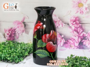 Lọ hoa sơn mài 3D dáng ống trúc vẽ hoa dâm bụt 27cm