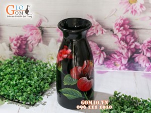 Lọ hoa sơn mài 3D dáng ống trúc vẽ hoa dâm bụt 27cm