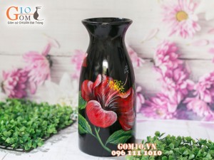 Lọ hoa sơn mài 3D dáng ống trúc vẽ hoa dâm bụt 27cm