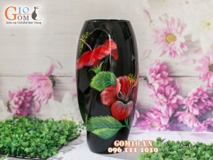 Lọ hoa sơn mài 3D dáng soắn vẽ hoa dâm bụt 43cm