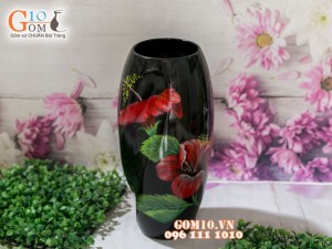 Lọ hoa sơn mài 3D dáng soắn vẽ hoa dâm bụt 43cm