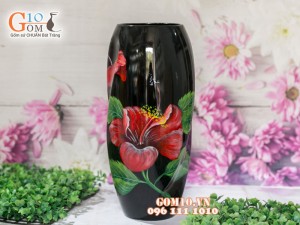 Lọ hoa sơn mài 3D dáng soắn vẽ hoa dâm bụt 31cm