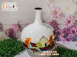 Lọ hoa sơn mài 3D dáng tỏi tài lộc vẽ phố cổ 38cm