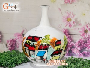 Lọ hoa sơn mài 3D dáng tỏi tài lộc vẽ phố cổ 38cm