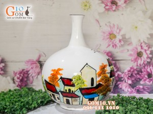 Lọ hoa sơn mài 3D dáng tỏi tài lộc vẽ phố cổ 38cm