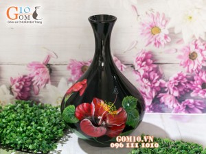 Lọ hoa sơn mài 3D dáng tỏi vẽ hoa dâm bụt 36cm
