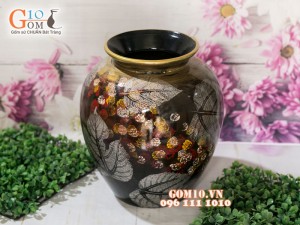 Lọ hoa sơn mài 3D dáng vò miệng rộng vẽ hoa châm 23cm