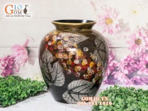 Lọ hoa sơn mài 3D dáng vò miệng rộng vẽ hoa châm 23cm