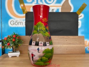 Lọ hoa sơn mài dáng bầu nền đỏ, vẽ cảnh Làng quê, 43cm 