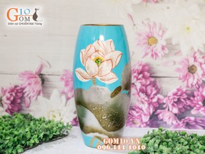 Lọ hoa sơn mài dáng bom dán hoa sen 27cm