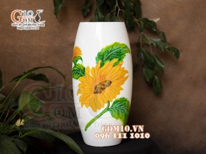 Lọ hoa sơn mài dáng bom nền trắng vẽ hoa hướng dương, cao 30cm