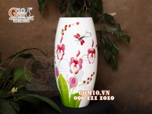 Lọ hoa sơn mài dáng bom nền trắng vẽ hoa Lan, cao 43cm