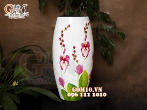 Lọ hoa sơn mài dáng bom nền trắng vẽ hoa Lan, cao 43cm