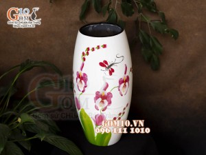 Lọ hoa sơn mài dáng bom nền trắng vẽ hoa Lan, cao 28cm