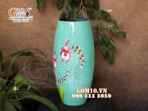 Lọ hoa sơn mài dáng bom nền xanh vẽ hoa Lan, cao 43cm