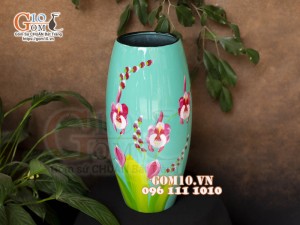 Lọ hoa sơn mài dáng bom nền xanh vẽ hoa Lan, cao 43cm