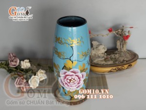 Lọ hoa sơn mài dáng bom nền xanh vẽ hoa phù dung, cao 43cm