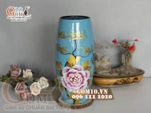 Lọ hoa sơn mài dáng bom nền xanh vẽ hoa phù dung, cao 30cm