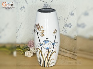 Lọ hoa sơn mài dáng bom vẽ hoa sen màu cao 30cm