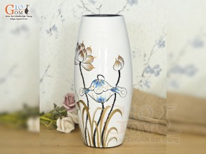 Lọ hoa sơn mài dáng bom vẽ hoa sen màu cao 30cm