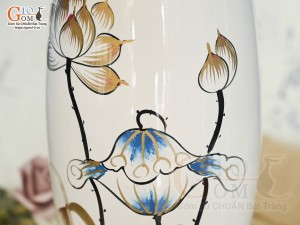 Lọ hoa sơn mài dáng bom vẽ hoa sen màu cao 30cm
