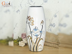 Lọ hoa sơn mài dáng bom vẽ hoa sen màu cao 30cm