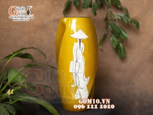 Lọ hoa sơn mài dáng bom xoắn nền vàng, họa tiết rạn cổ thiếu nữ áo cao 30cm