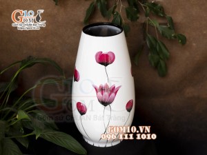 Lọ hoa sơn mài dáng chân thấp nền trắng vẽ hoa Tulip, cao 32cm