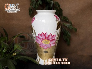Lọ hoa sơn mài dáng chân thon cao nền trắng vẽ hoa Sen, cao 36cm