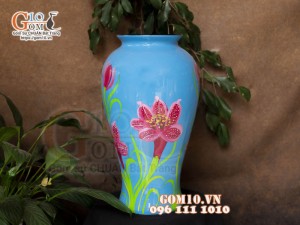 Lọ hoa sơn mài dáng chân thon cao nền xanh vẽ hoa Tulip, cao 36cm