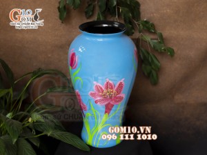 Lọ hoa sơn mài dáng chân thon cao nền xanh vẽ hoa Tulip, cao 36cm