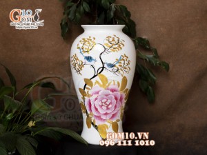 Lọ hoa sơn mài dáng chân thon cao vẽ hoa Phù dung, cao 36cm