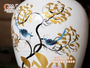 Lọ hoa sơn mài dáng chân thon cao vẽ hoa Phù dung, cao 36cm