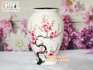 Lọ hoa sơn mài dáng chân thon vẽ hoa đào 32cm