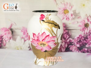 Lọ hoa sơn mài dáng chân thon vẽ hoa sen 32cm