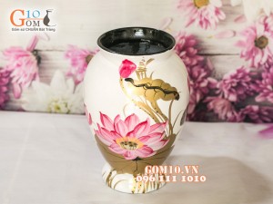 Lọ hoa sơn mài dáng chân thon vẽ hoa sen 32cm