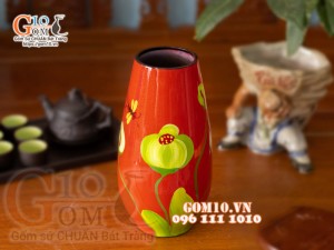 Lọ hoa sơn mài dáng cúp sơn mài đỏ vẽ tuplip cao 30cm