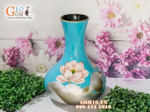 Lọ hoa sơn mài dáng dẹt  sen bạc 48cm