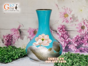 Lọ hoa sơn mài dáng dẹt dán hoa sen 36cm