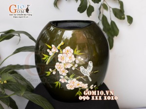 Lọ hoa sơn mài dáng dẹt họa tiết Chim Hoa rạn, cao 25cm