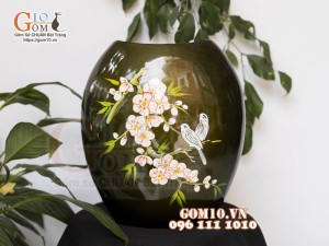 Lọ hoa sơn mài dáng dẹt họa tiết Chim Hoa rạn, cao 25cm