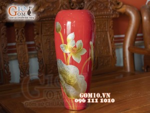 Lọ hoa sơn mài dáng đùi dế vẽ Sen bạc