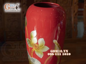 Lọ hoa sơn mài dáng đùi dế vẽ Sen bạc