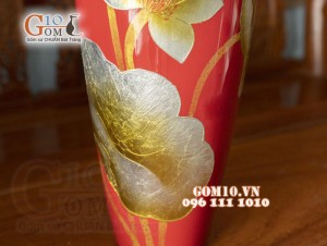 Lọ hoa sơn mài dáng đùi dế vẽ Sen bạc