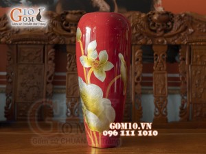 Lọ hoa sơn mài dáng đùi dế vẽ Sen bạc