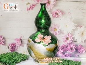 Lọ hoa sơn mài dáng hồ lô dán hoa sen 50cm