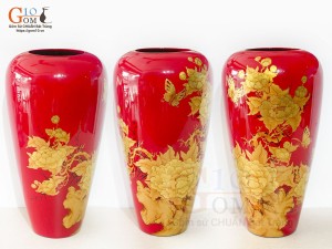 Lọ hoa sơn mài dáng ống dù vẽ kĩ, cao 47cm