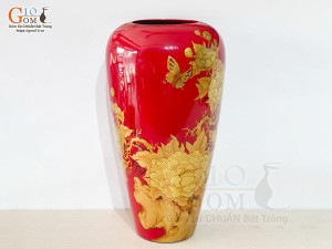 Lọ hoa sơn mài dáng ống dù vẽ kĩ, cao 47cm